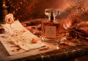 Luxury perfume bottle with satin fabric, roses, and perfume spray in warm rose brown aesthetic showing long-lasting fragrance tips