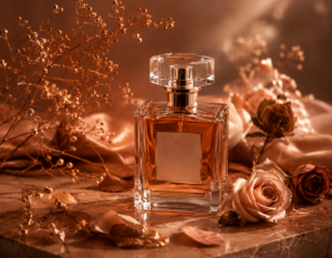 Luxury perfume bottle with elegant roses on marble surface in warm rose brown aesthetic for every occasion